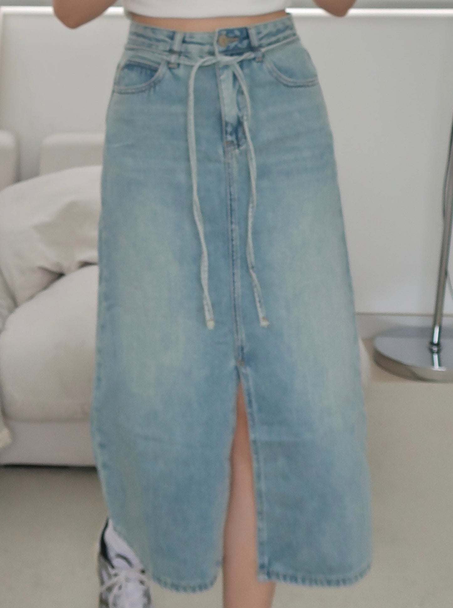 string denim midi skirt